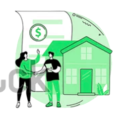 Illustration of two people shaking hands in front of a house, with a large document featuring a dollar sign in the background, symbolizing a real estate or home purchase agreement.